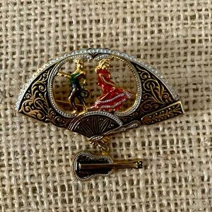 Damascene Fan Brooch Vintage Flamenco